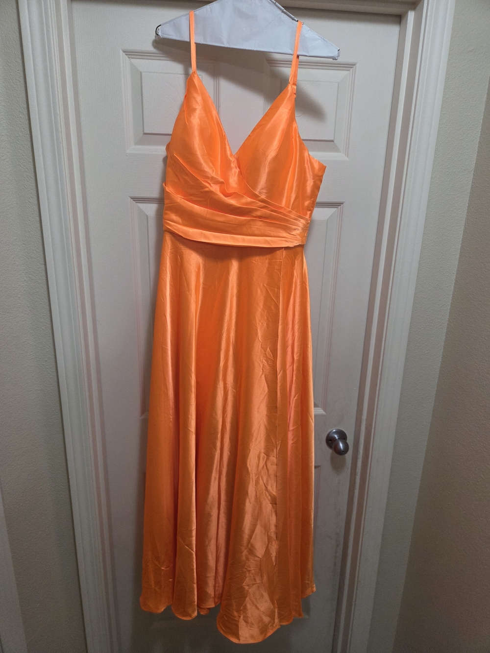 Women's Orange Satin V-Neck Spaghetti Strap Dress